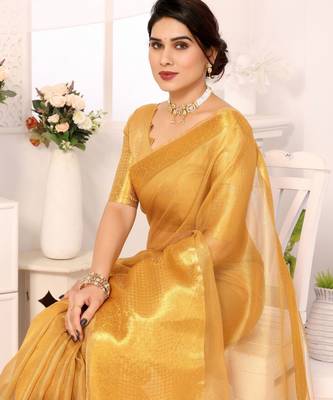 Beige tissue woven zari work saree with blouse 2