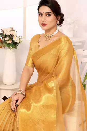 Beige tissue woven zari work saree with blouse