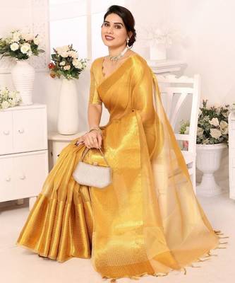 Beige tissue woven zari work saree with blouse 3