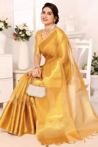 Beige tissue woven zari work saree with blouse