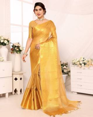 Beige tissue woven zari work saree with blouse 1