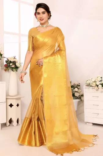 Beige tissue woven zari work saree with blouse