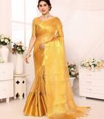 Beige tissue woven zari work saree with blouse