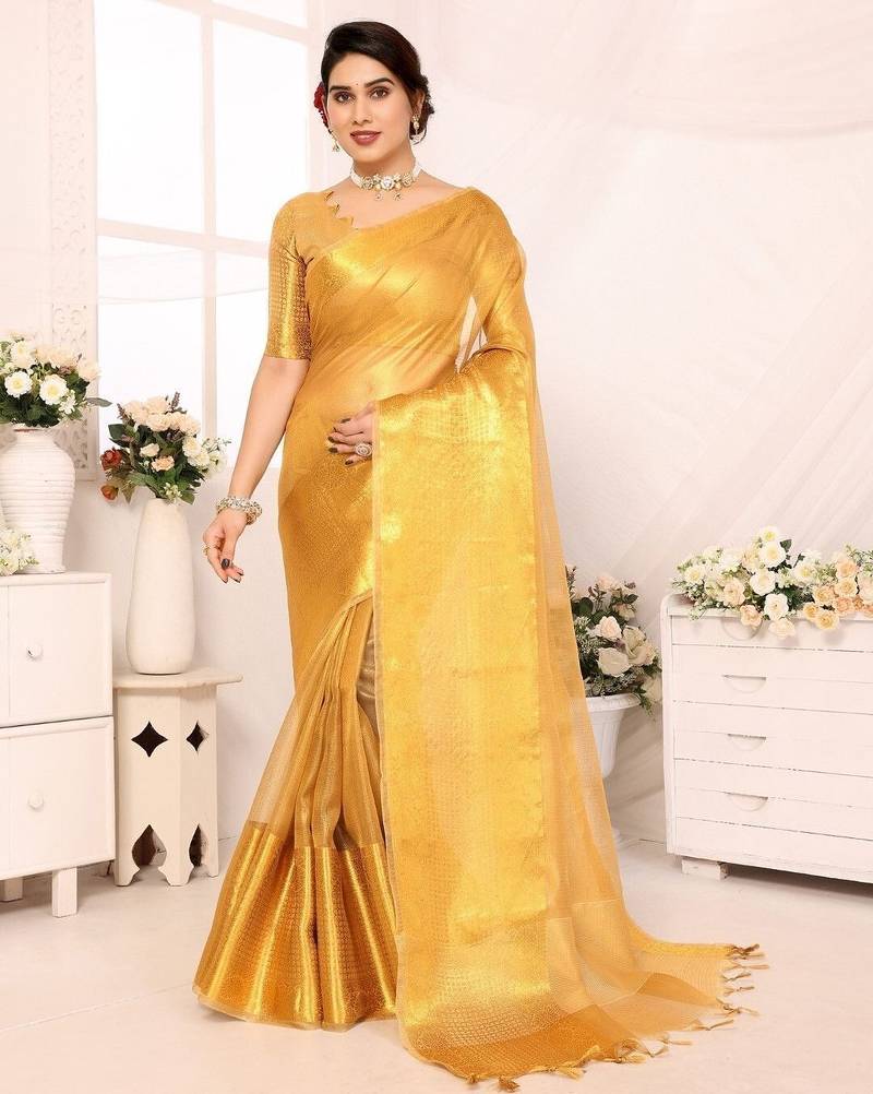 Beige tissue woven zari work saree with blouse