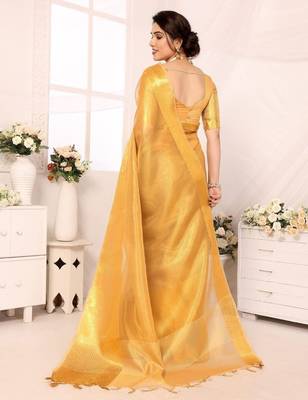 Beige tissue woven zari work saree with blouse 4