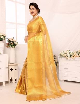 Beige tissue woven zari work saree with blouse 5