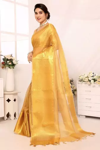 Beige tissue woven zari work saree with blouse