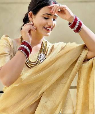 Beige gold tissue woven zari work saree with blouse 2