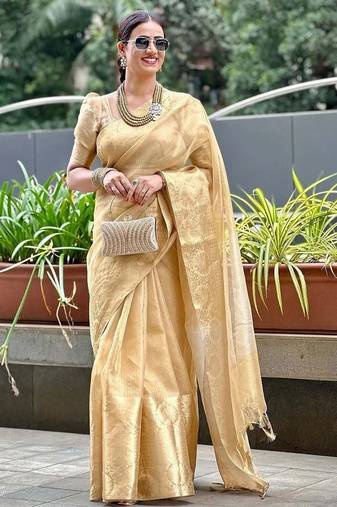 Beige gold tissue woven zari work saree with blouse