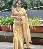 Beige gold tissue woven zari work saree with blouse