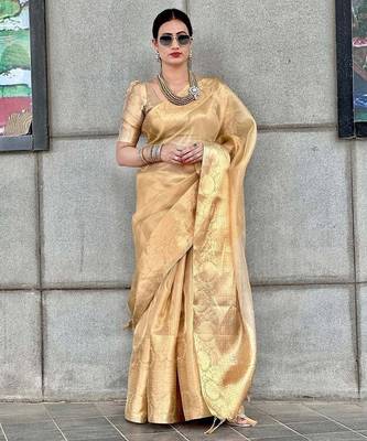 Beige gold tissue woven zari work saree with blouse 2