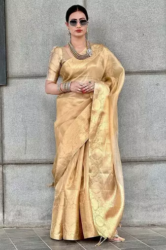 Beige gold tissue woven zari work saree with blouse