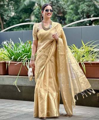 Beige gold tissue woven zari work saree with blouse 3