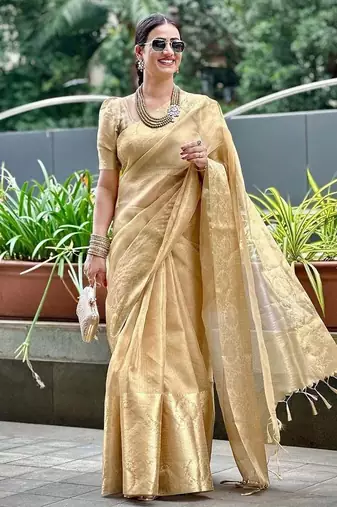 Beige gold tissue woven zari work saree with blouse