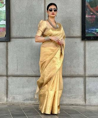 Beige gold tissue woven zari work saree with blouse 4