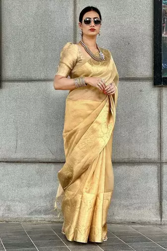 Beige gold tissue woven zari work saree with blouse