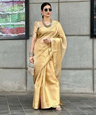 Beige gold tissue woven zari work saree with blouse 5