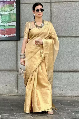 Beige gold tissue woven zari work saree with blouse
