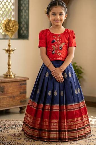 Kids silk zari weaving work lehenga choli
