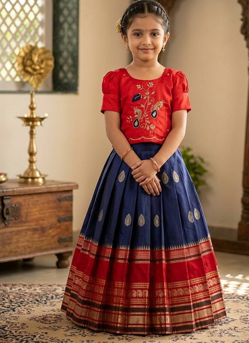 Kids silk zari weaving work lehenga choli