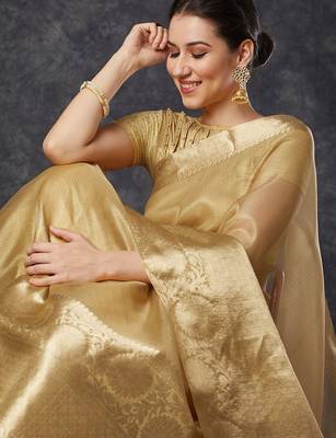 Beige tissue woven zari work saree with blouse 2