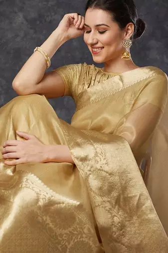 Beige tissue woven zari work saree with blouse