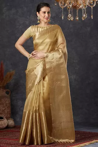 Beige tissue woven zari work saree with blouse
