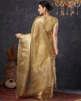 Beige tissue woven zari work saree with blouse 3