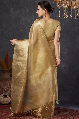 Beige tissue woven zari work saree with blouse