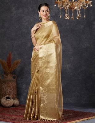 Beige tissue woven zari work saree with blouse 4