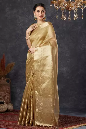 Beige tissue woven zari work saree with blouse