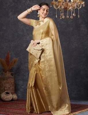 Beige tissue woven zari work saree with blouse 5