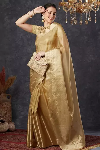 Beige tissue woven zari work saree with blouse