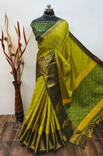 Yellow blended cotton woven zari work saree with blouse