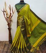 Yellow blended cotton woven zari work saree with blouse