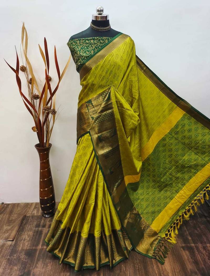 Yellow blended cotton woven zari work saree with blouse