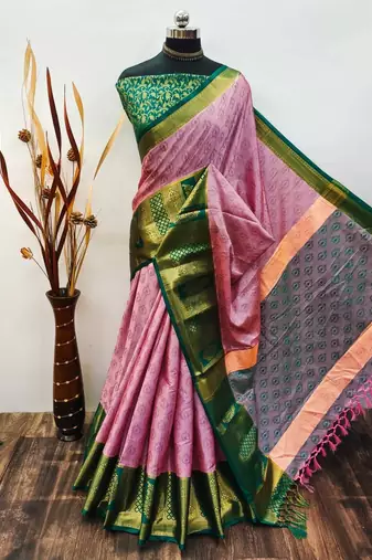 Pink blended cotton woven zari work saree with blouse
