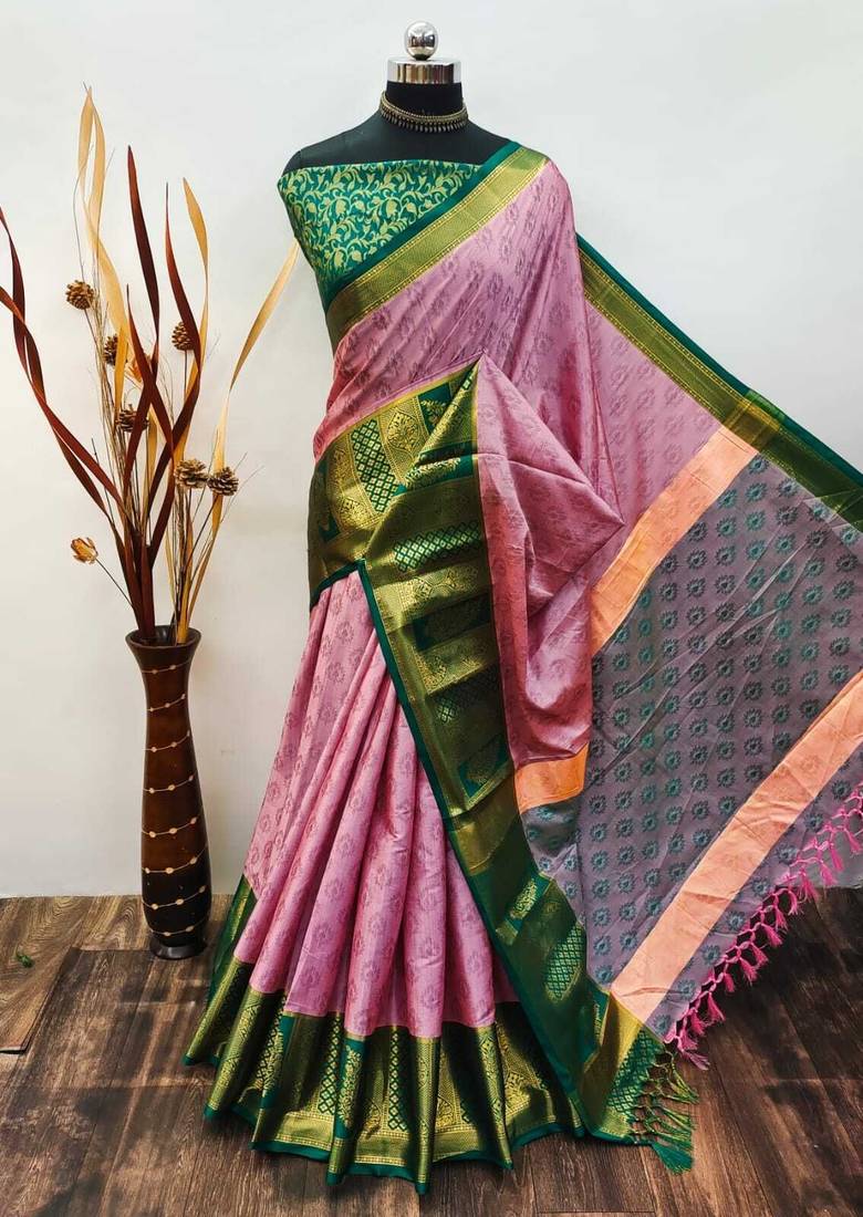 Pink blended cotton woven zari work saree with blouse