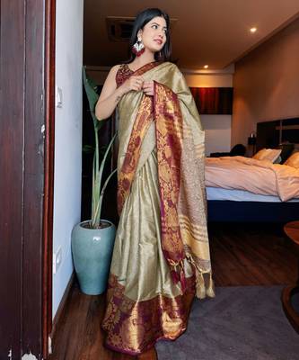 Beige blended cotton woven zari work saree with blouse 1