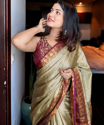 Beige blended cotton woven zari work saree with blouse 2