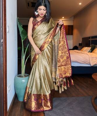 Beige blended cotton woven zari work saree with blouse 3
