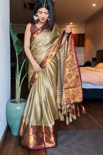 Beige blended cotton woven zari work saree with blouse
