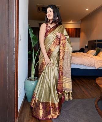 Beige blended cotton woven zari work saree with blouse 4