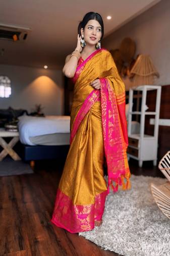 Gold blended cotton woven zari work saree with blouse