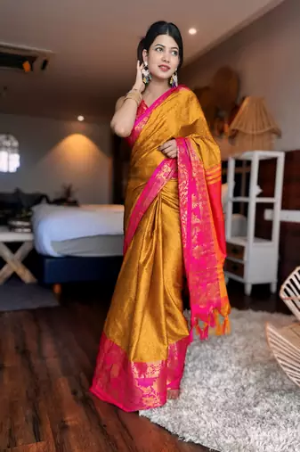 Gold blended cotton woven zari work saree with blouse