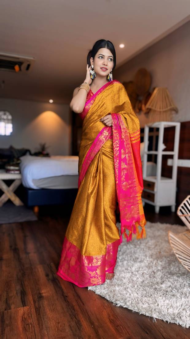 Gold blended cotton woven zari work saree with blouse
