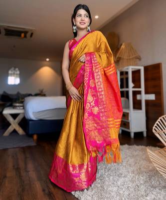 Gold blended cotton woven zari work saree with blouse 2