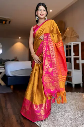 Gold blended cotton woven zari work saree with blouse