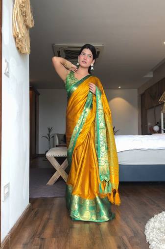 Gold blended cotton woven zari work saree with blouse