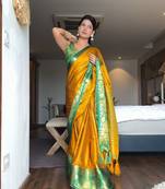 Gold blended cotton woven zari work saree with blouse